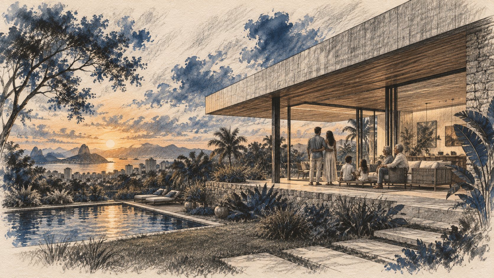 Desenho artístico de casa moderna com família na varanda ao pôr do sol