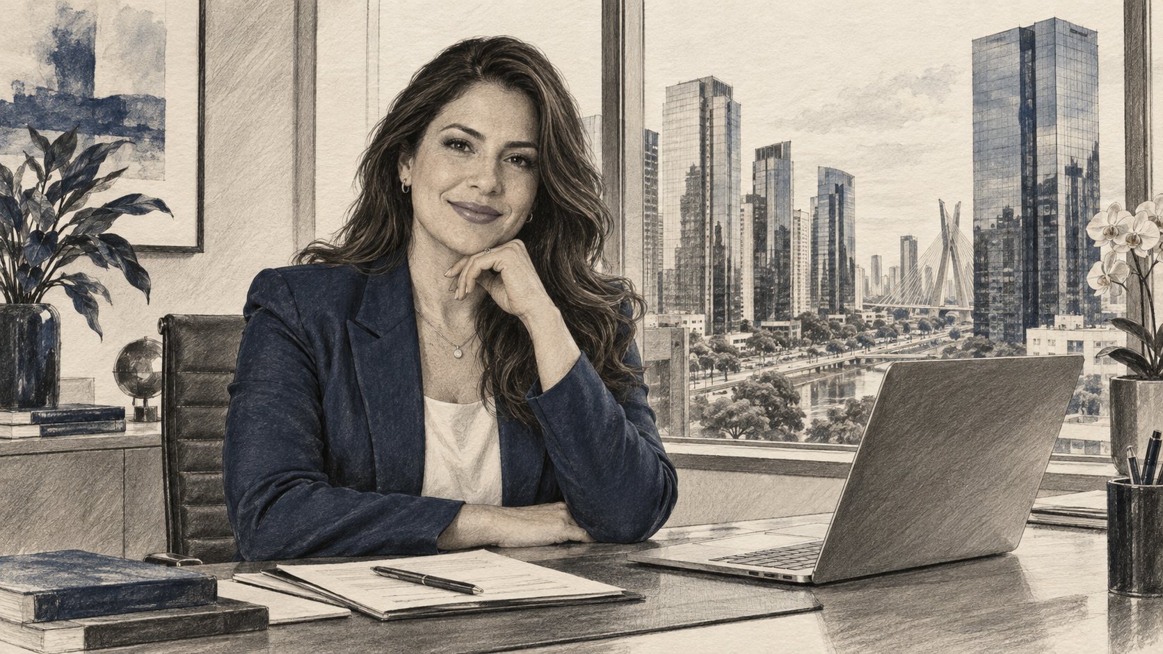Desenho artístico de consultora da Nexor em seu escritório com vista para a Ponte Estaiada