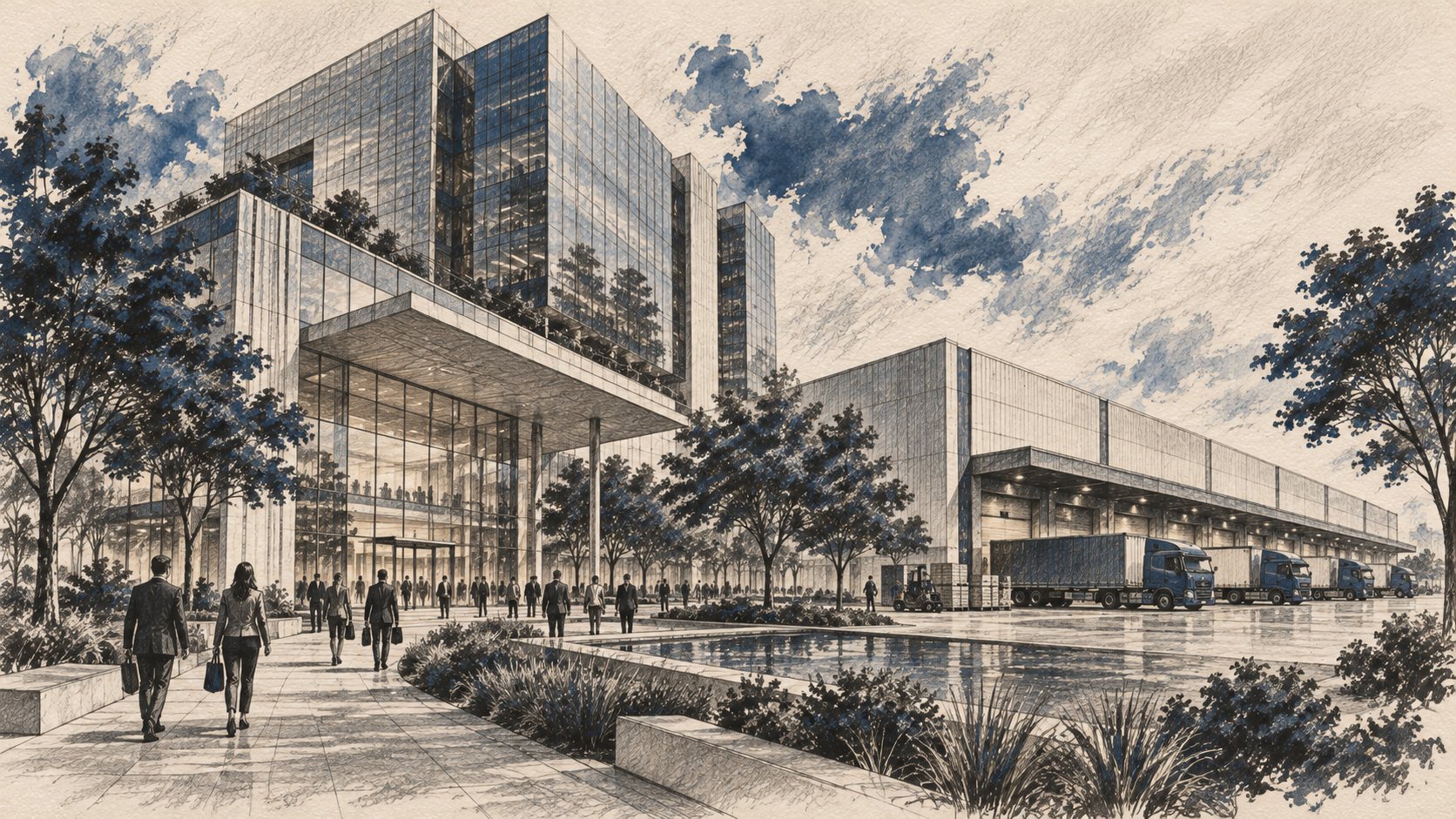 Desenho artístico de sede corporativa e centro logístico com caminhões