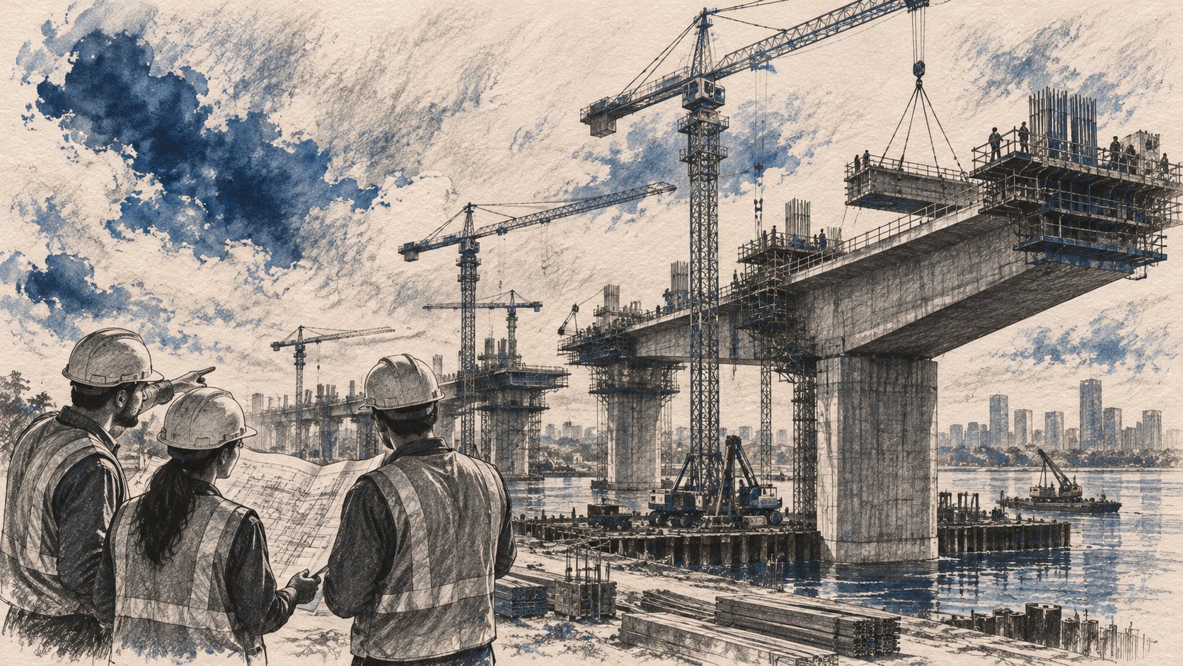 Desenho artístico de obra de ponte com guindastes e engenheiros