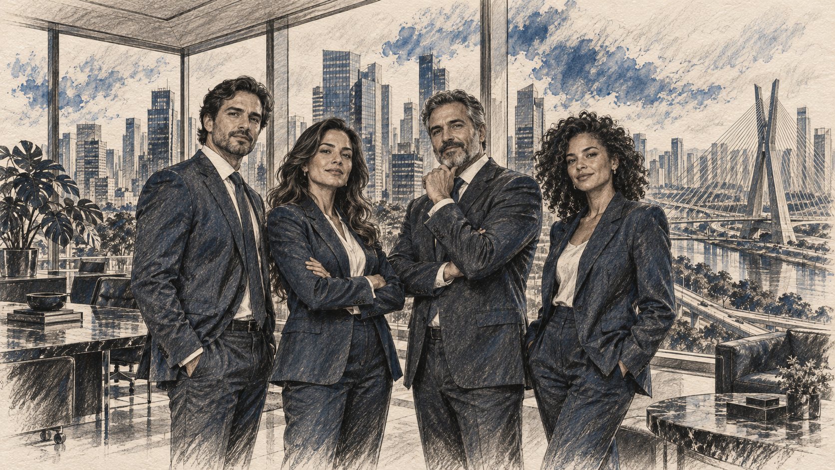 Desenho artístico de executivos da Nexor com a Ponte Estaiada ao fundo
