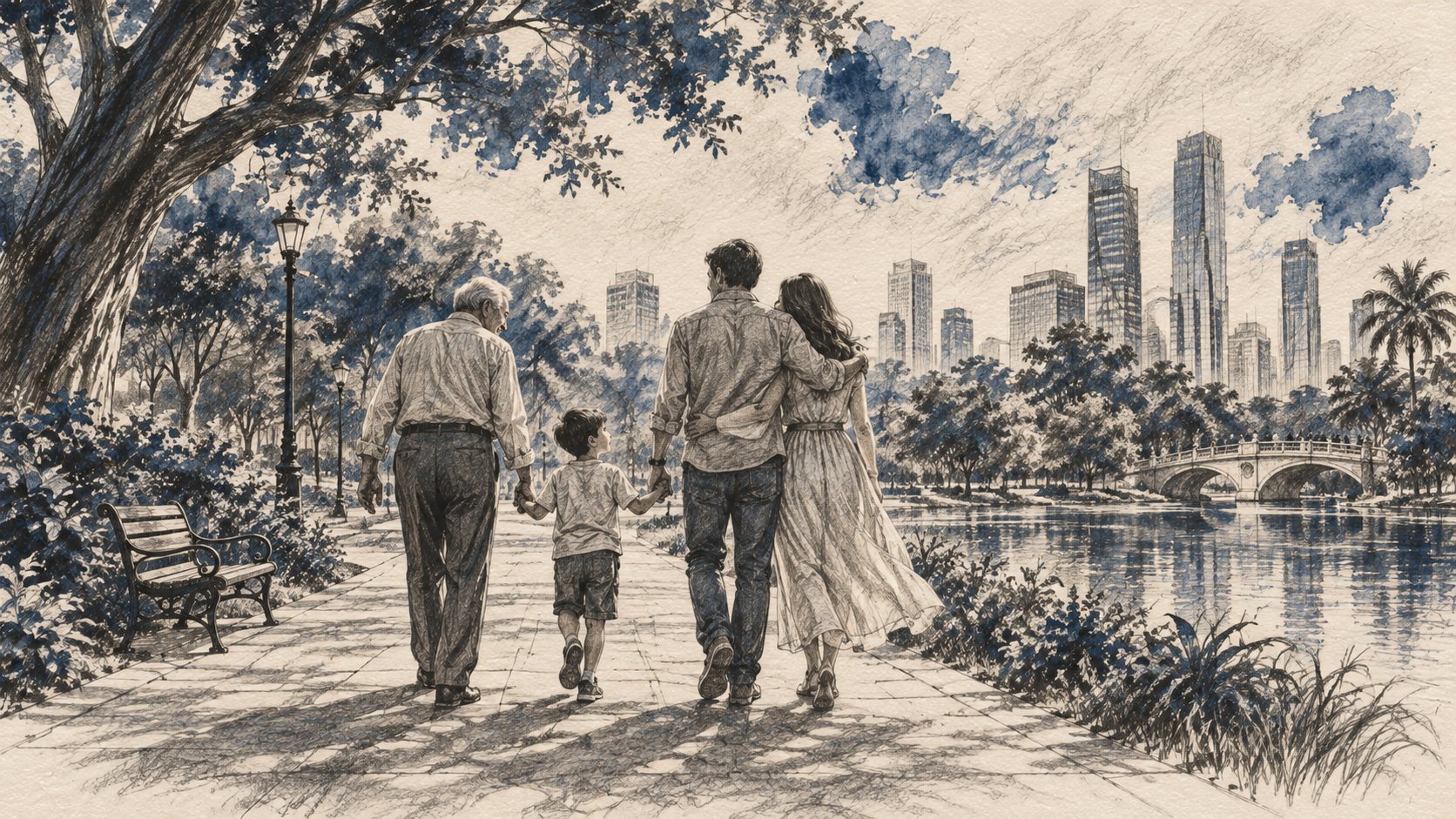 Desenho artístico de três gerações de uma família caminhando no parque