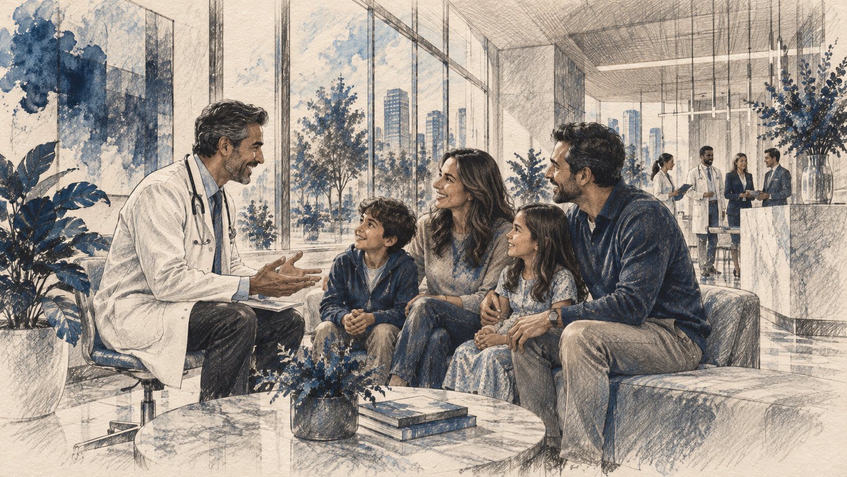 Desenho artístico de médico conversando com uma família