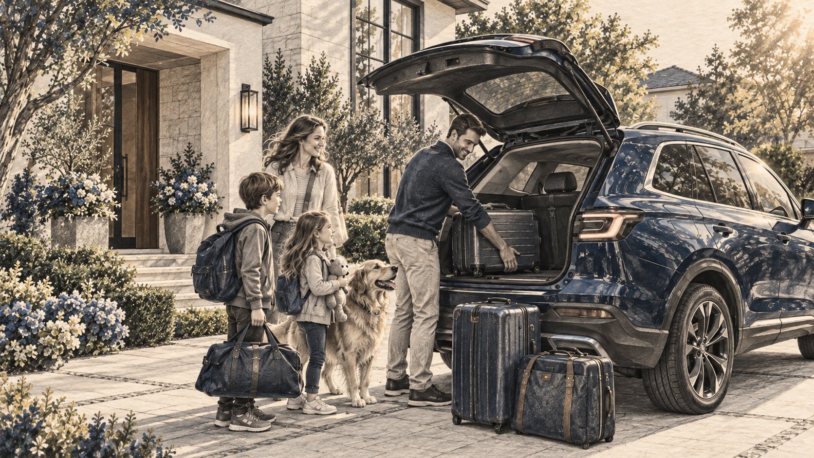 Desenho artístico de família carregando malas no carro para viajar